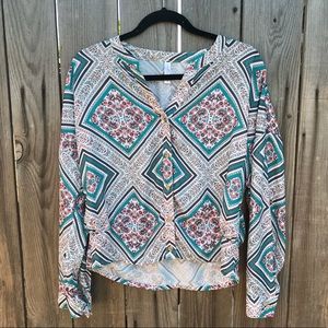 Long Sleeve Polyester Teal/ Floral Button down